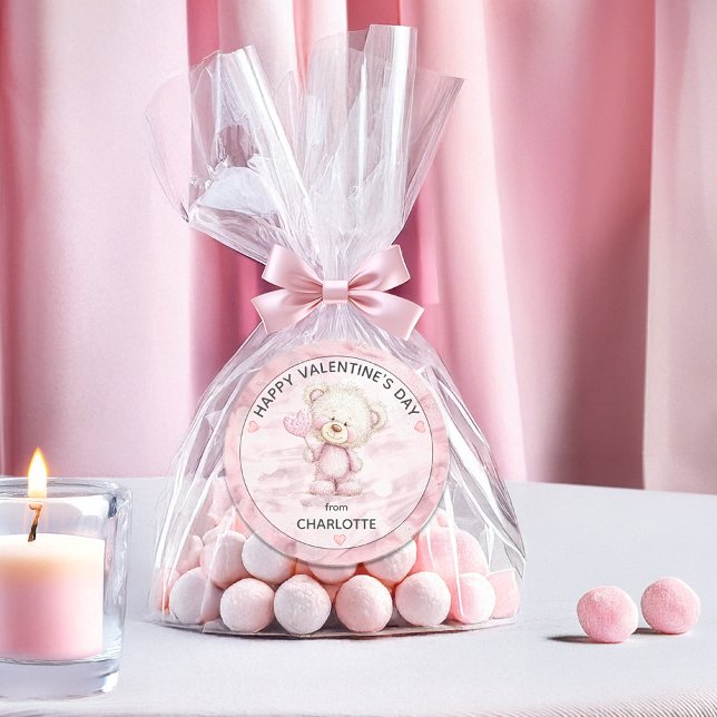 Cute Teddy Bear | Heart Pop Happy Valentines Day Runder Aufkleber (Cute Teddy Bear Holding A Heart-Shaped Pop "Happy Valentine's Day" from Name Classic Round Sticker)