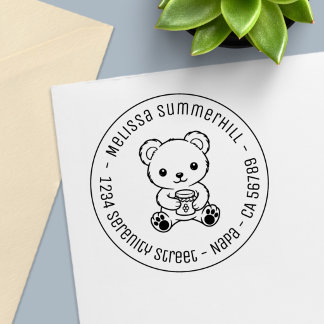 Cute Teddy Bear Holding a Honey Jar Round Address Permastempel