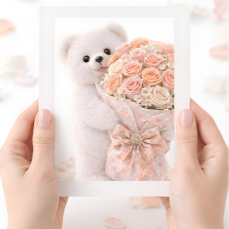 Cute Teddy Bear Holding Blush Peach Rose Bouquet  Karte
