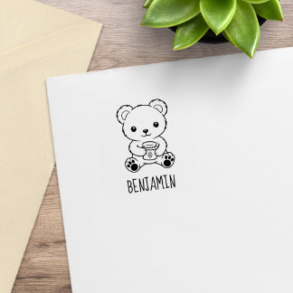 Cute Teddy Bear Holding Honey Jar Custom Name 1x1 Gummistempel