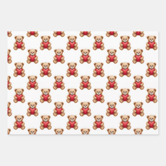 Cute teddy bear holding red hearts valentine geschenkpapier set