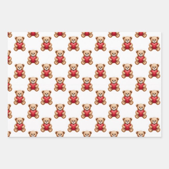 Cute teddy bear holding red hearts valentine geschenkpapier set (Vorderseite)