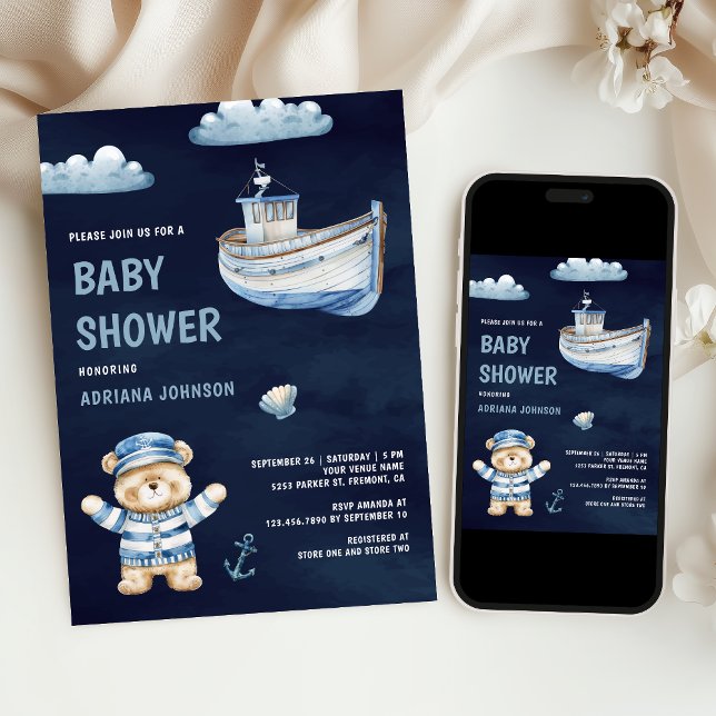 Cute Teddy Bear Nautical Boat Navy Baby Shower Einladung (Von Creator hochgeladen)
