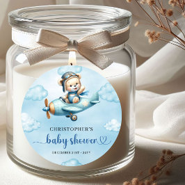 Cute Teddy Bear Pilot Airplane Blue Brown Baby  Runder Aufkleber