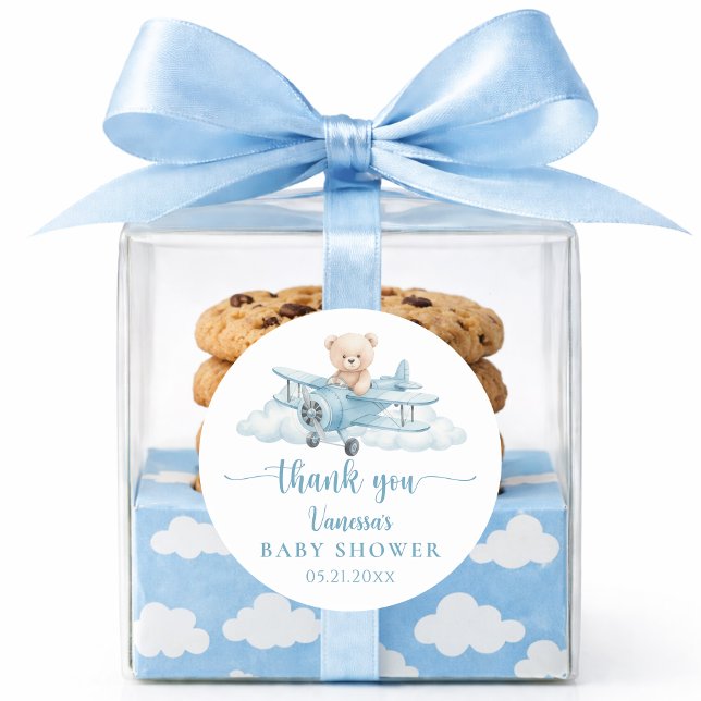 Cute Teddy Bear Pilot Blue Baby Shower Thank You Runder Aufkleber (Von Creator hochgeladen)