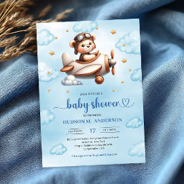 Cute Teddy Bear Pilot Blue Brown Baby Shower   Einladung