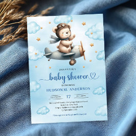 Cute Teddy Bear Pilot Blue Gold Boy Shower Invites Einladung