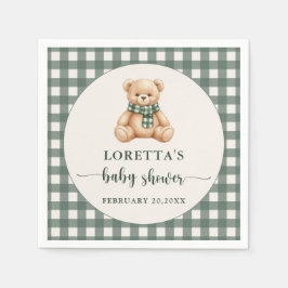 Cute Teddy Bear Rustic Green Plaid Baby Shower Serviette