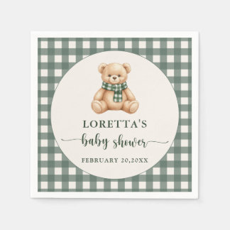 Cute Teddy Bear Rustic Green Plaid Baby Shower  Serviette