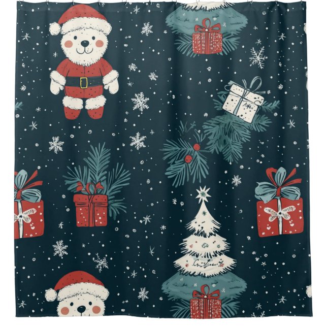 Cute Teddy Bear & Santa on Dark Green (1) Duschvorhang (Vorderseite)