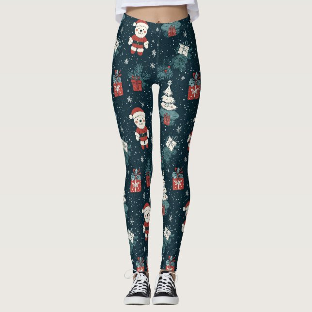 Cute Teddy Bear & Santa on Dark Green (1) Leggings (Vorderseite)