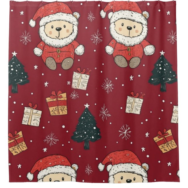 Cute Teddy Bear & Santa on Red (1) Duschvorhang (Vorderseite)