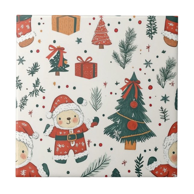 Cute Teddy Bear & Santa on White (1) Fliese (Vorderseite)