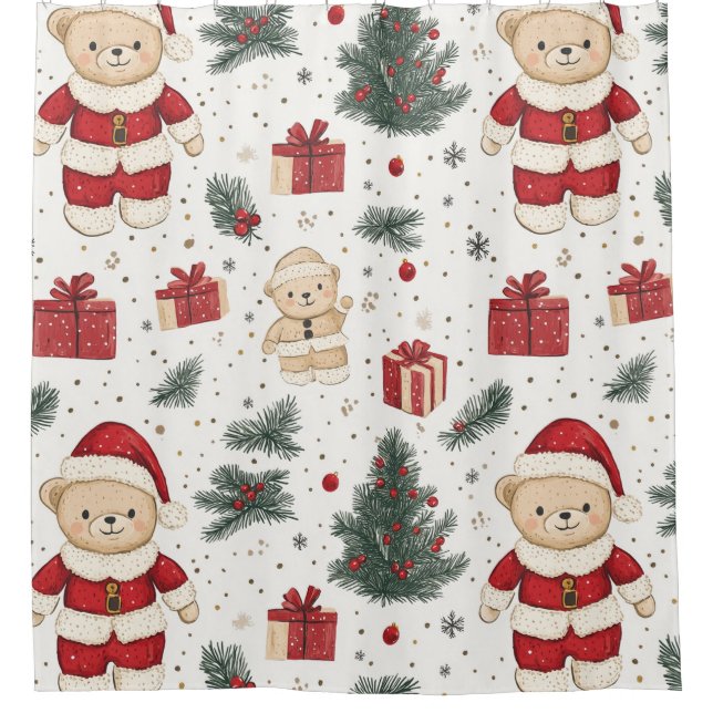 Cute Teddy Bear & Santa on White (3) Duschvorhang (Vorderseite)