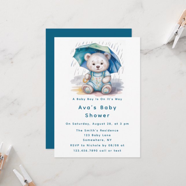 Cute Teddy Bear With Umbrella Boy Baby Shower  Einladung (Vorderseite/Rückseite Beispiel)