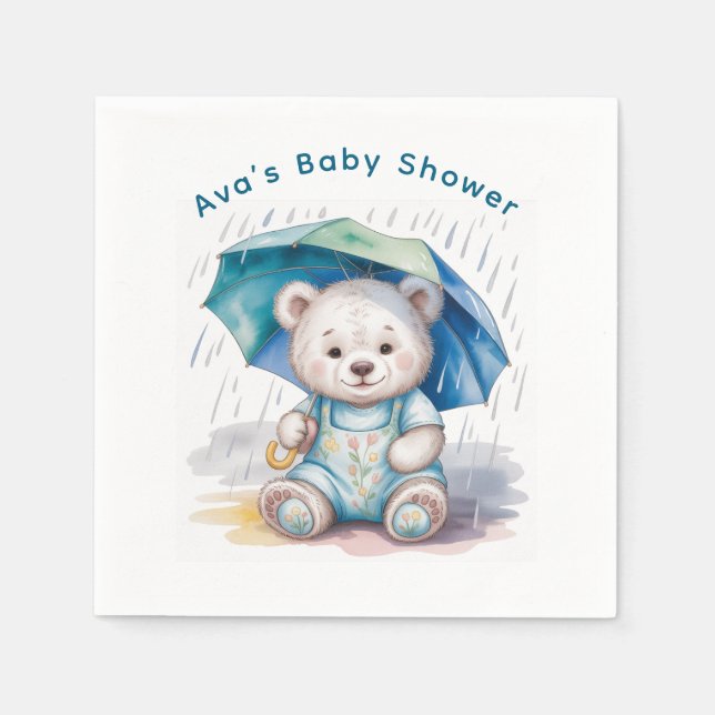 Cute Teddy Bear With Umbrella Boy Baby Shower Serviette (Vorderseite)