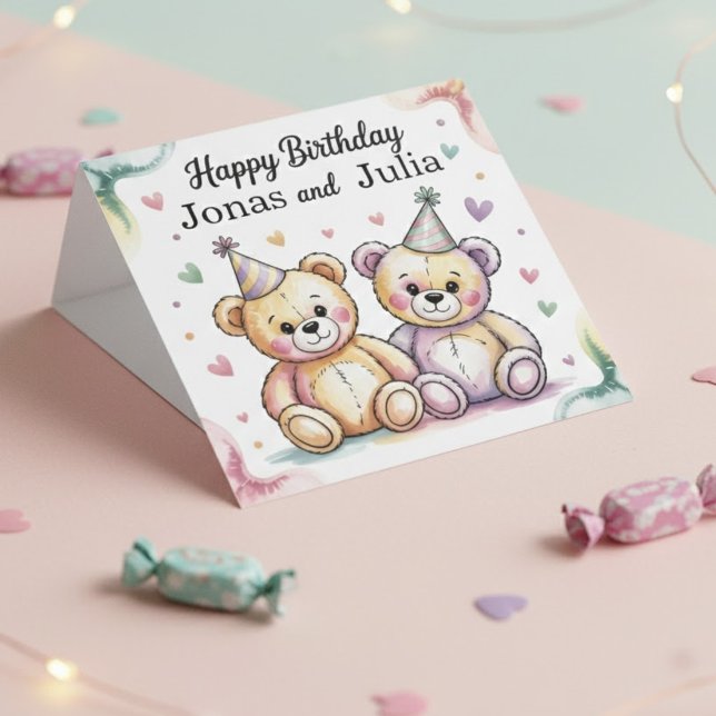 Cute Teddy Bears Joint Birthday for Twins Magneteinladung (Von Creator hochgeladen)