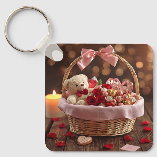 Cute Teddy Rose Basket Romantic Valentine Heart Schlüsselanhänger (Vorderseite)