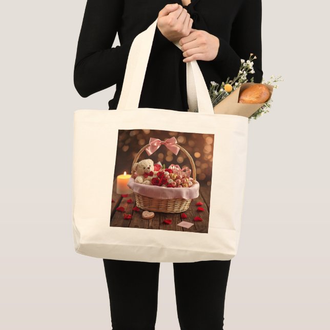 Cute Teddy Rose Basket Romantic Valentine Jumbo Stoffbeutel (Vorderseite (Produkt))