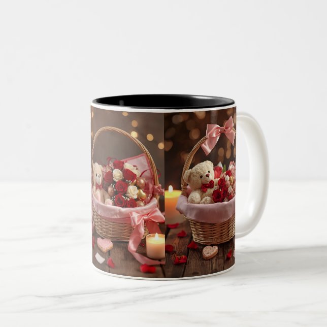 Cute Teddy Rose Basket Valentine Heart Handle Mug (Devant droit)