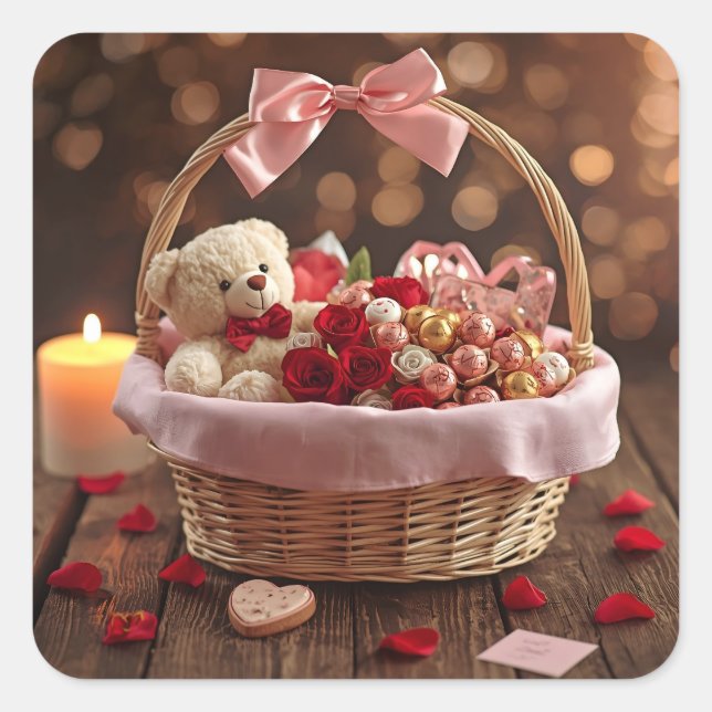 Cute Teddy Rose Basket Valentine Heart Quadratischer Aufkleber (Vorderseite)