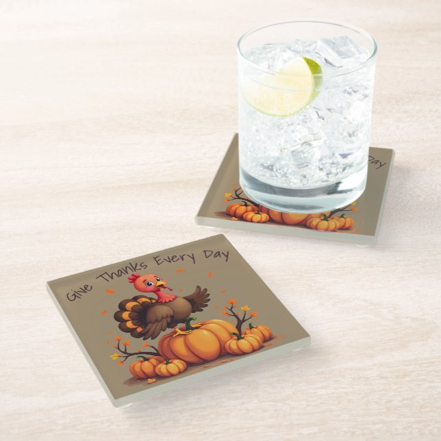 Cute Thanksgiving Turkey Autumn Pumpkins Scene Glasuntersetzer (Schrägansicht)