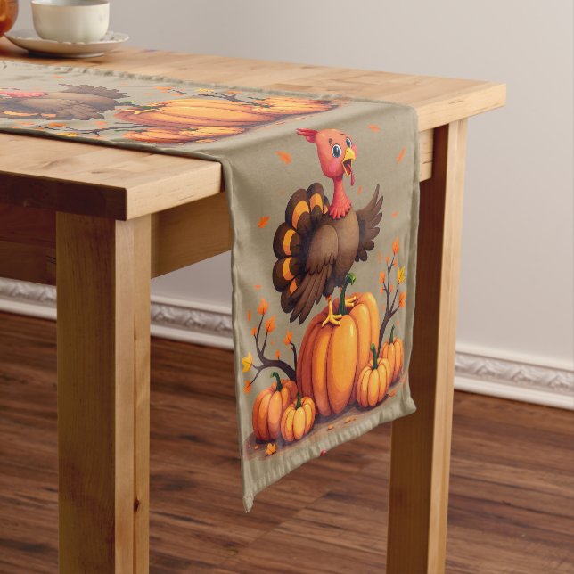 Cute Thanksgiving Turkey Autumn Pumpkins Scene Kurzer Tischläufer (Beispiel)