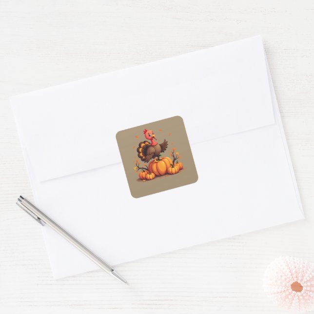 Cute Thanksgiving Turkey Autumn Pumpkins Scene Quadratischer Aufkleber (Umschlag)