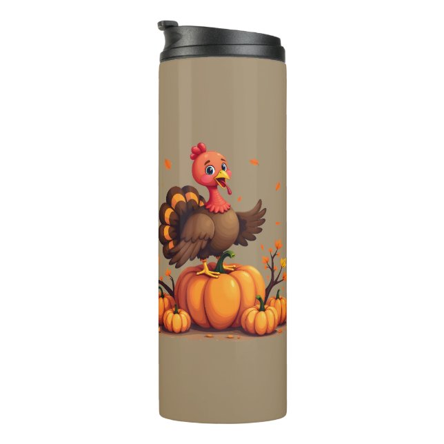Cute Thanksgiving Turkey Autumn Pumpkins Scene Thermosbecher (Nach rechts gedreht)