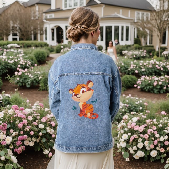 Cute Tiger Be Cool Cartoon Jeansjacke (Hochzeit Rückseite)