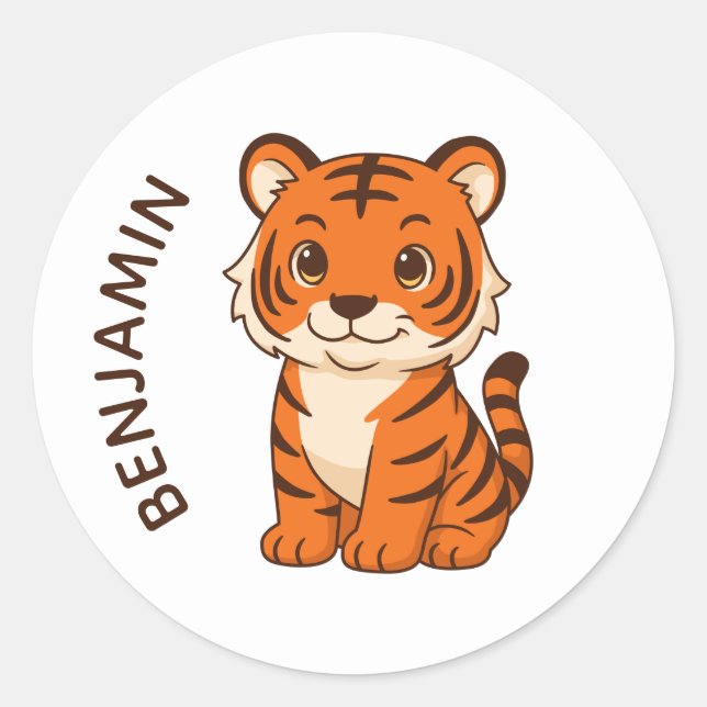 Cute Tiger Cub Custom Name Runder Aufkleber (Vorderseite)