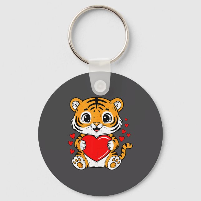 Cute Tiger Holding Heart Kawaii Valentines Day Men Schlüsselanhänger (Vorderseite)