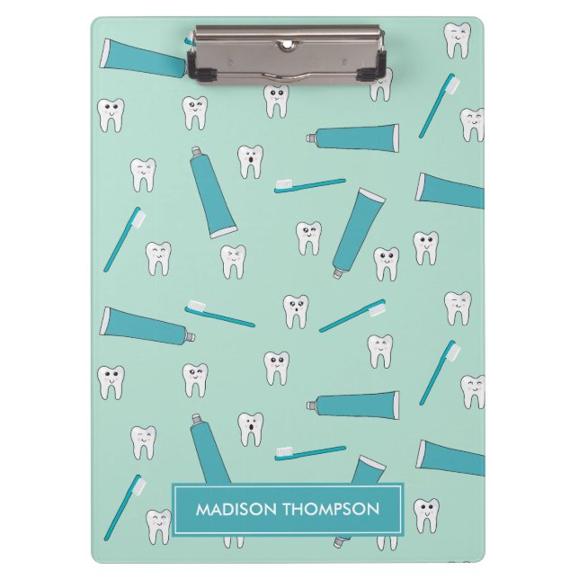 Cute Tooth Teal Mint Toothpaste Toothbrush Pattern Klemmbrett (Vorderseite)