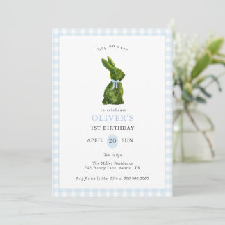 Cute Topiary Bunny blue Gingham Birthday Einladung