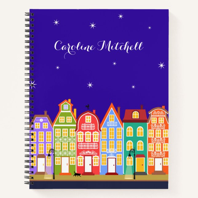 Cute Town Black Cat Cartoon Maisons Carnet Spiral (Devant)