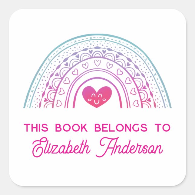 Cute Trendy Boho Rainbow Kids Bookplate Quadratischer Aufkleber (Vorderseite)