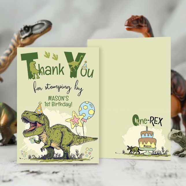 Cute TRex Dinosaur One-Rex 1st Birthday Party Dankeskarte (Cute first One-Rex TRex Dinosaur Jurassic Dino 1st boy birthday party thank you for stomping by)
