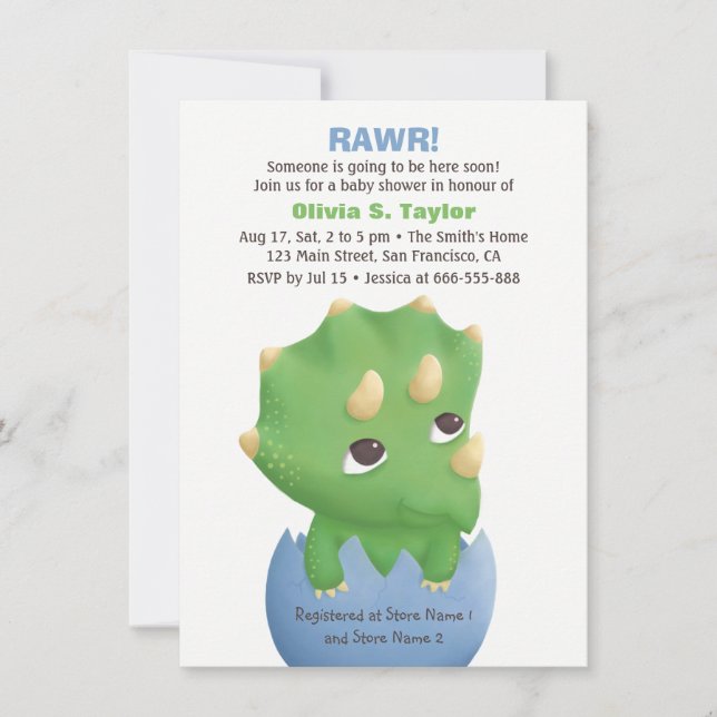 Cute Triceratops Dinosaur Invitations De Douche Po (Devant)