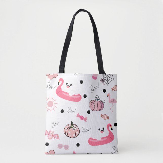Cute Tropical Halloween Tote – Ghosts & Flamingos Tasche (Vorderseite)