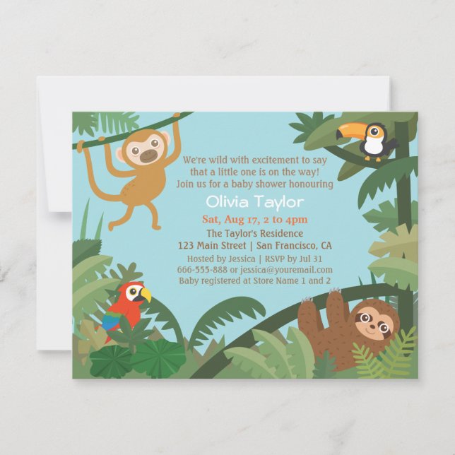 Cute Tropical Jungle Thème Bébé Douche Invitations (Devant)