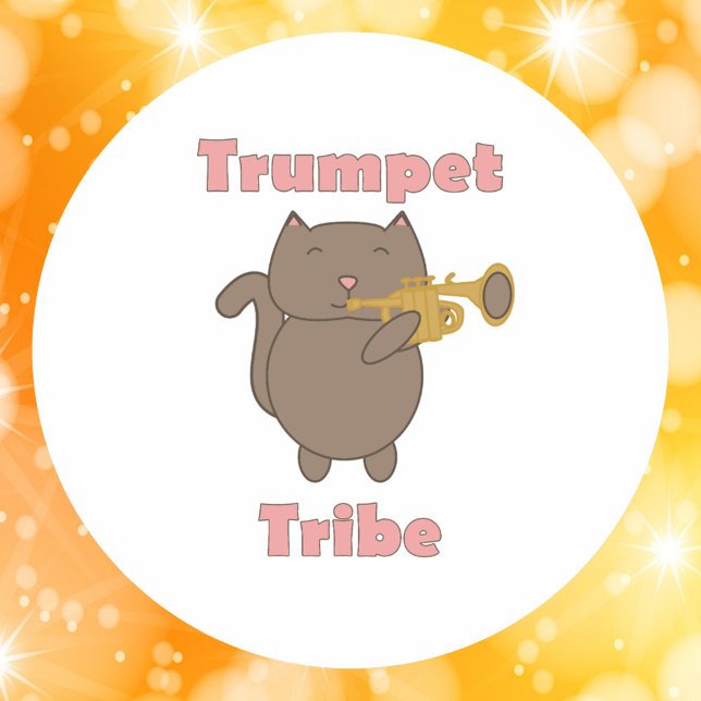 Cute Trumpet Tribe Cat Illustration  Runder Aufkleber (A sticker with a brown cat playing the trumpet and the text trumpet tribe.)