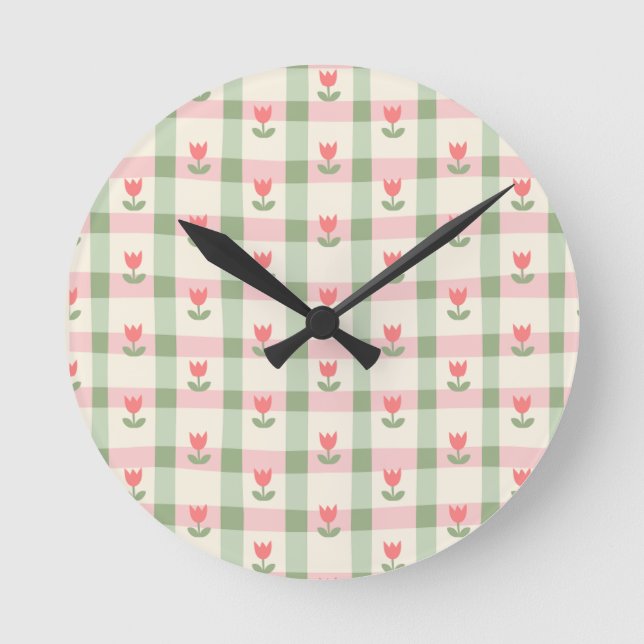 Cute Tulip Checkered Pattern | Pastel Floral  Runde Wanduhr (Vorderseite)