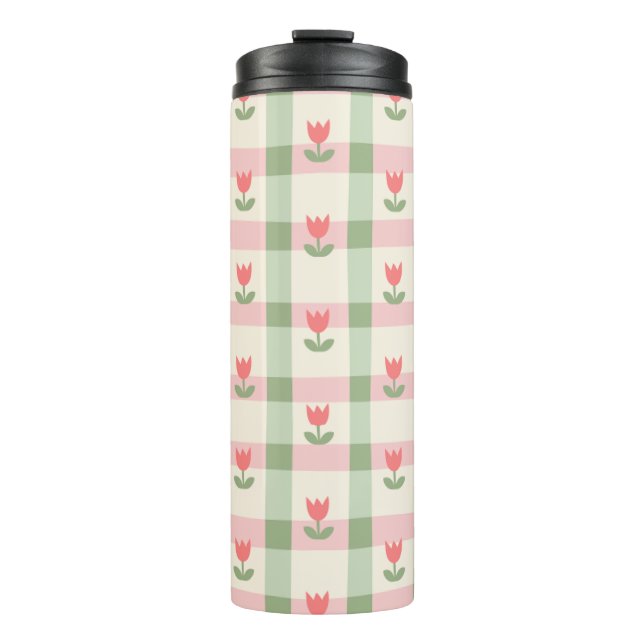 Cute Tulip Checkered Pattern | Pastel Floral  Thermosbecher (Vorderseite)