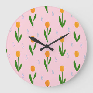 Cute Tulip Flower with Raindrop Pattern Große Wanduhr