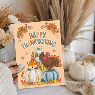 Cute Turkey and Retro Pumpkins Happy Thanksgiving  Feiertagskarte