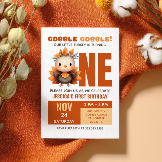 Cute Turkey Gobble Fall Thanksgiving 1st Birthday Einladung (Von Creator hochgeladen)