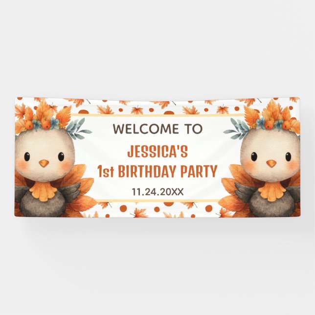Cute Turkey Thanksgiving Fall 1st Birthday WELCOME Banner (Horizontal)