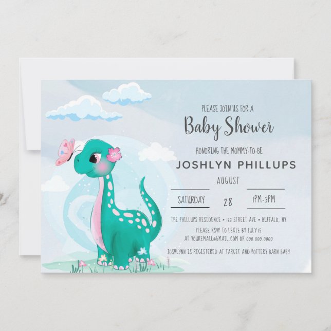 Cute Turquoise Dinosaur Baby shower Invitation (Devant)