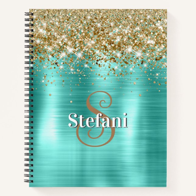 Cute Turquoise Gold Faux Glitter Monogram Notizbuch (Vorderseite)