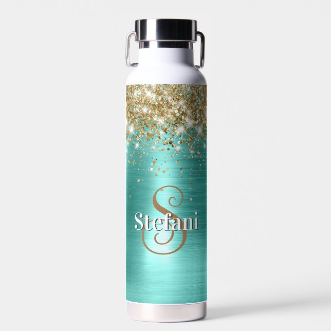 Cute Turquoise Gold Faux Glitter Monogram Trinkflasche (Vorne)